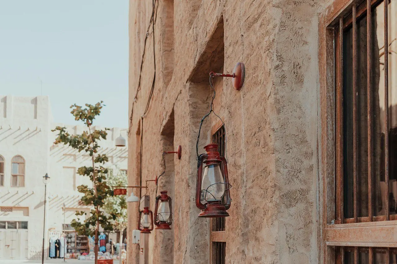 Heritage street with lanterns on the walls