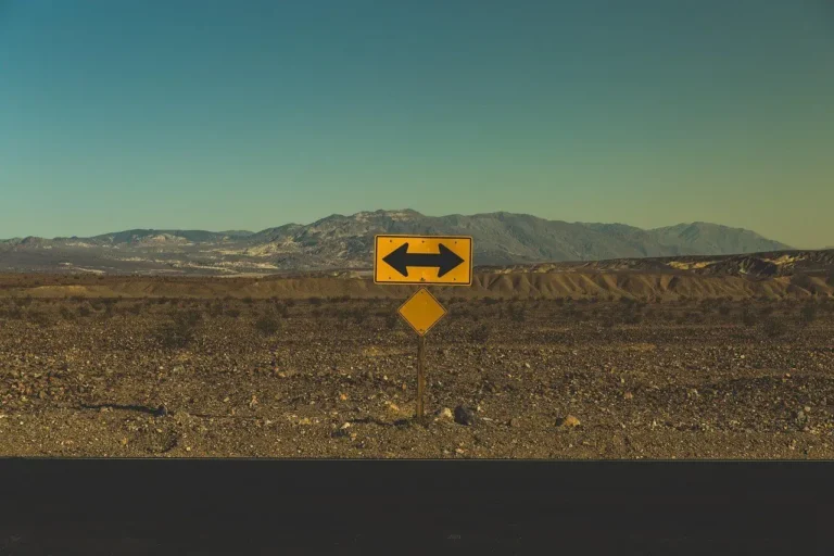 Road sign with arrows pointing two ways in open country