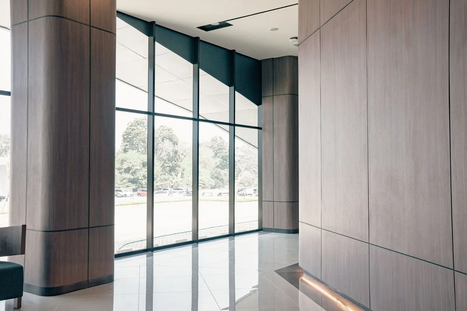 Bright building lobby with tall windows