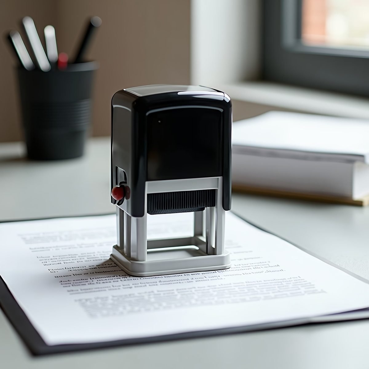 Black self-inking stamp resting on a printed document on a desk